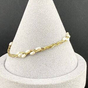 Monet Bracelet Gold Tone Faux Pearl Delicate Dainty  Signed 7"
